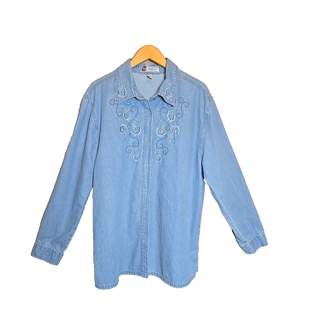 Vintage Passion-I Size 2X Embroidered Floral Button Front Blue Chambray Shirt